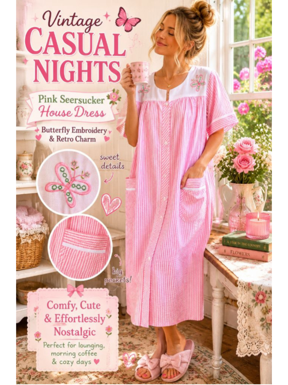 Vintage Pink Seersucker House Dress Butterfly Embroidered Snap Front Lounge Sz L